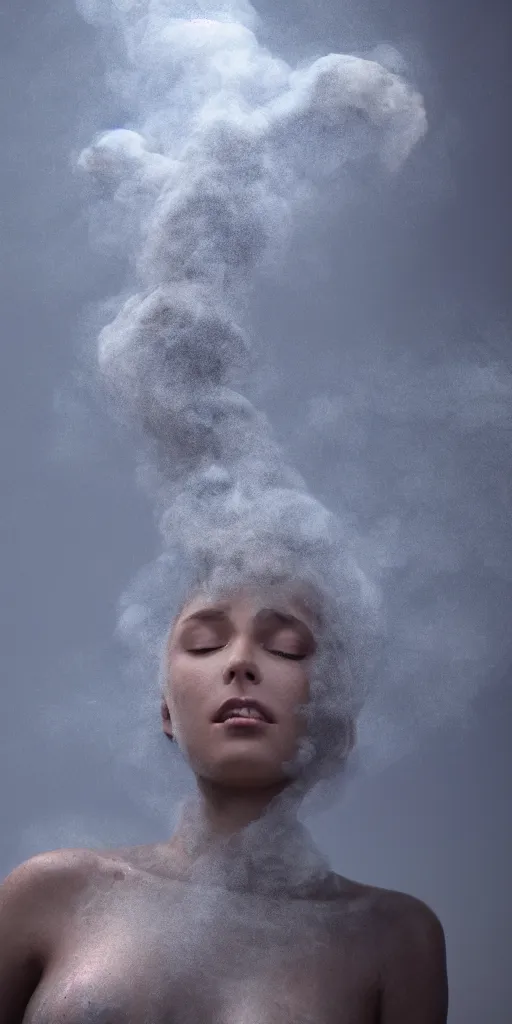 Prompt: a radiant goddess with many arms obscured by wisps of smoke and dust particles, fluid simulation, particle simulation, ephemeral, highly detailed, hyperrealism, octane render