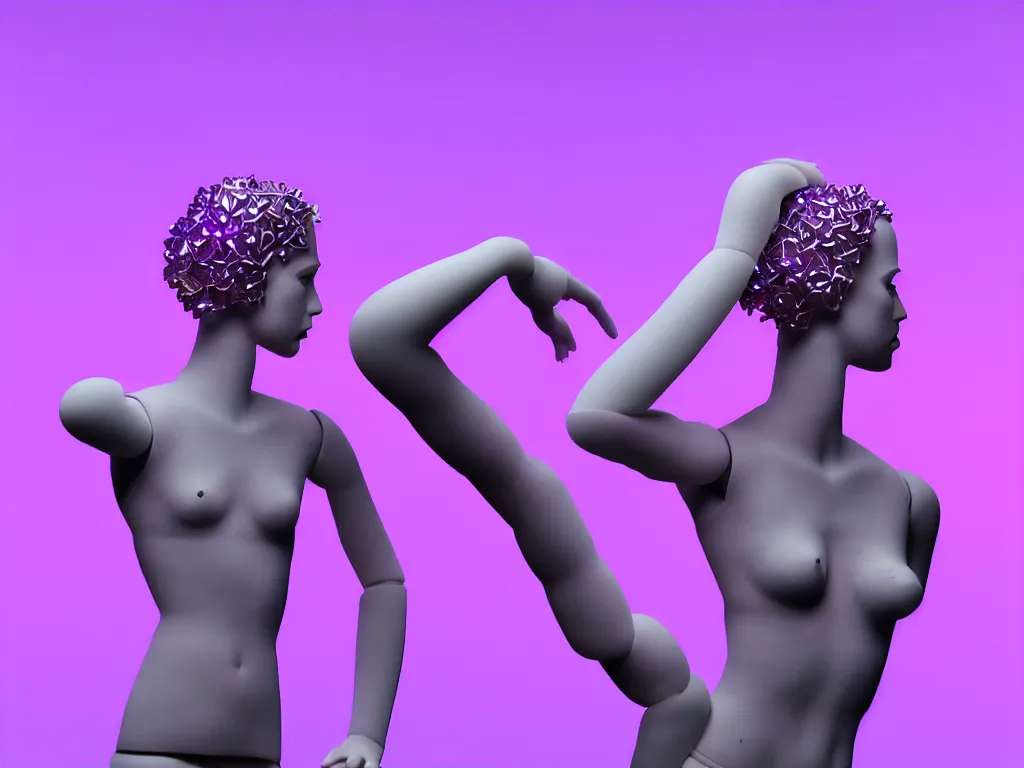 Image similar to beautiful mannequin sculpted out of amethyst by billelis + lit with purple 3 d geometric neon + chrome geometric cubed bonsai plants!!!!, dark grey clouds + neon pink lightning in background, clean linework, dramatic, finely detailed, rule of thirds, moody, confident, award winning, 4 k, trending on artstation, photorealistic, volumetric lighting, octane render