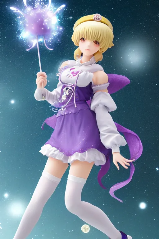 Prompt: A GoodSmile anime figure of a cute magical girl with short blonde hair wearing purple short puffy pants, an oversized beret, white tights covered in stars, and a long billowing scarf. Short hair. intricate details, realistic, Hyperdetailed, 8k resolution, intricate art nouveau, Octane Render. Ami Ami.