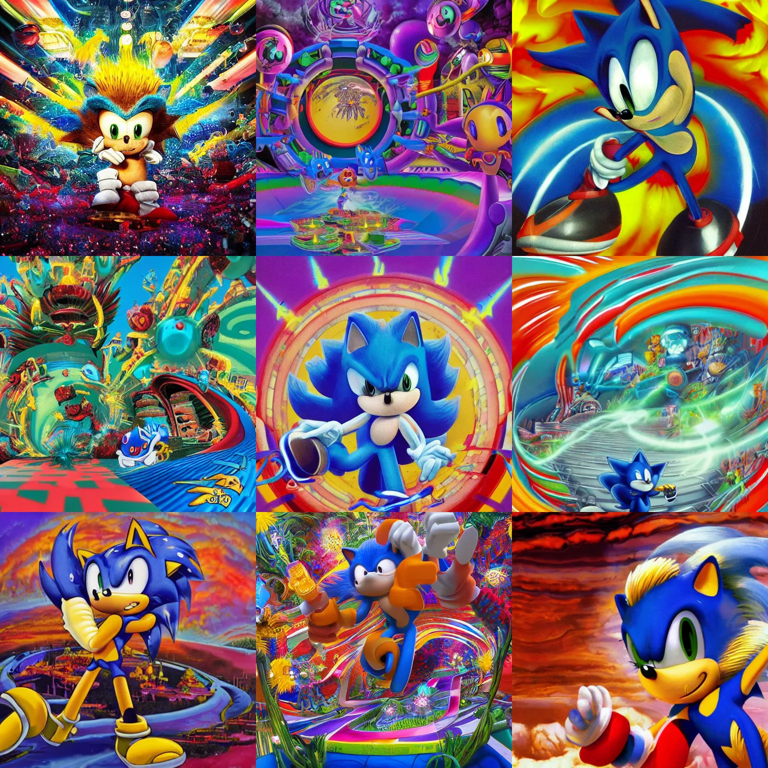 Prompt: close up retro sonic the hedgehog in a surreal, soft, ornate, professional, high quality airbrush art mgmt shpongle album cover of a chrome dissolving LSD DMT blue sonic the hedgehog surfing through vaporwave caves, checkerboard horizon , 1980s 1982 Sega Genesis video game album cover