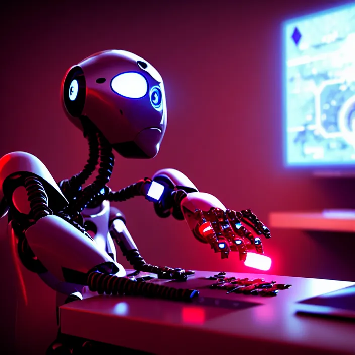 Prompt: a photo of a robot with red eyes playing video games, cool, hd, intricate details, soft lighting, cyberpunk, cinematic, beautiful