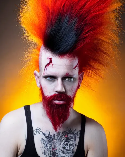 Image similar to man with a red dyed mohawk, dressed in punk clothing, portrait photo