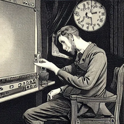 Image similar to a sick man holding a video game controller and looking at a television, suffering from the dreadful consequences of long-term gaming, Victorian medical illustration, anti-gamer propaganda