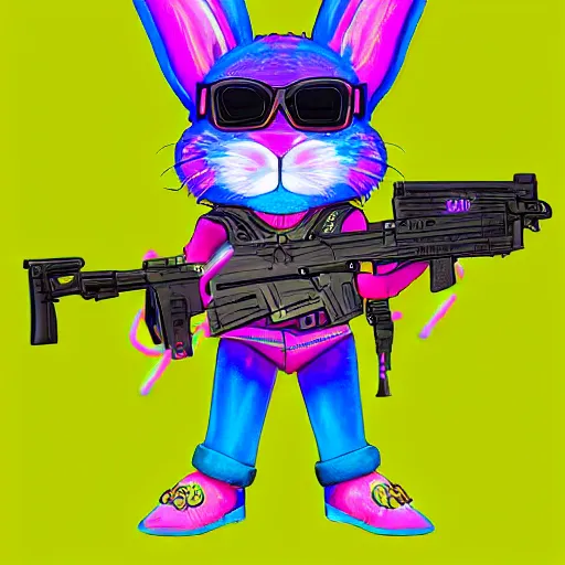 Image similar to portrait of rabbit with UV neon fur holding a machine gun , 8k, highly detailed, sharp, realistic, in style of Lisa Frank, Artstation, deviantart