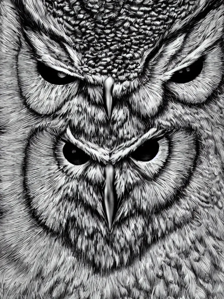 Image similar to hyperrealist highly detailed cinematic lighting studio portrait of a great horned owl, high contrast wood engraving, kentaro miura manga style, shocking detail trending on artstation 8 k