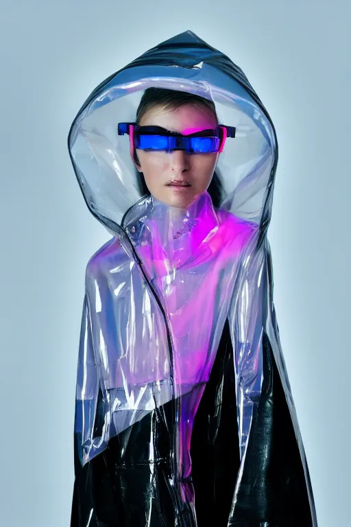 Image similar to an ultra high definition professional high fashion portrait studio full length photograph of a model wearing a transparent pearlescent raincoat and neon visor in an icelandic black rock environment at dawn. no artefacts. extremely detailed. stark. refraction. shallow depth of field. volumetric light and shadow. ray tracing. light rays.