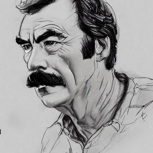 Prompt: a realistic yet scraggly portrait sketch of the side profile of a stern and sophisticated tom selleck, trending on artstation, intricate details, in the style of frank auerbach, in the style of sergio aragones, in the style of martin ansin, in the style of david aja, in the style of mattias adolfsson