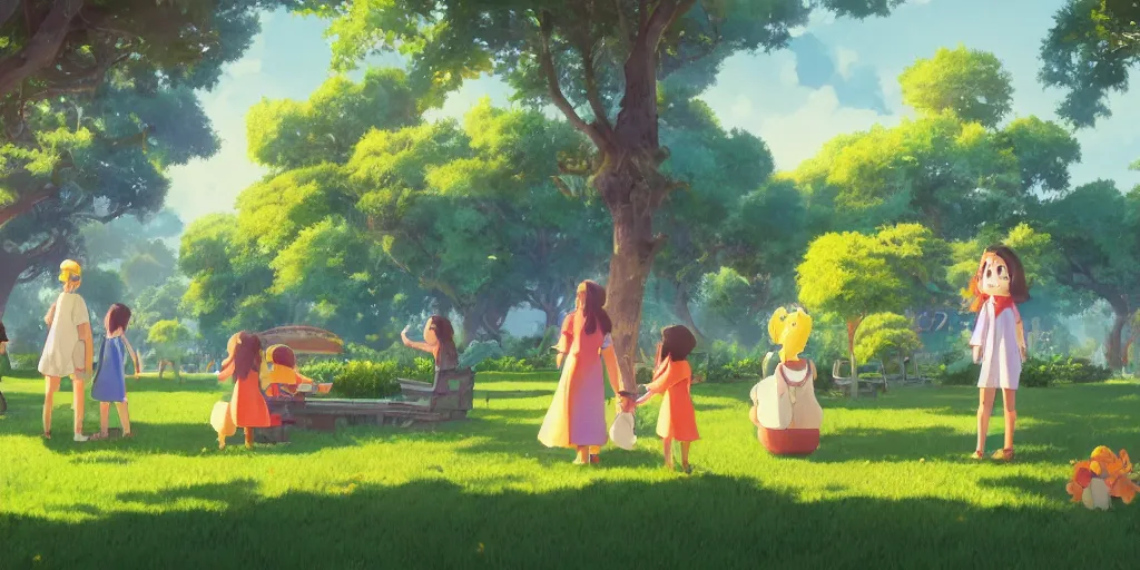 Image similar to wholesome illustration of a family of lemons enjoying a day at the park, Studio Ghibli, Pixar and Disney animation, sharp, Rendered in Unreal Engine 5, art by Greg Rutkowski, Bloom, dramatic lighting, sunny day