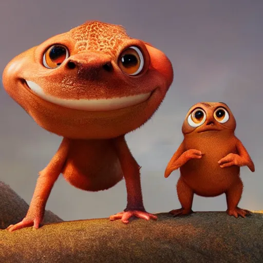 Image similar to Aesthetically pleasing, Pixar’s newt, happy, funny, silly digital concept art by Disney Pixar, high definition, 8K, award winning, trending, featured.