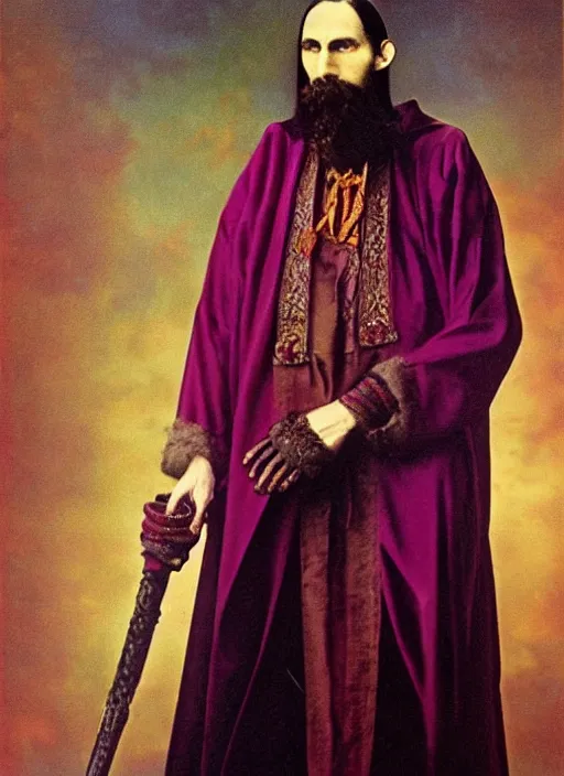 Prompt: full body portrait of a 30 year old RASPUTIN wearing a highly detailed deep purple and crimson robe with cloak holding a sickle in his right hand. Cinematic dynamic lighting with backlight. ACTION POSE. portrait by Annie Leibovitz