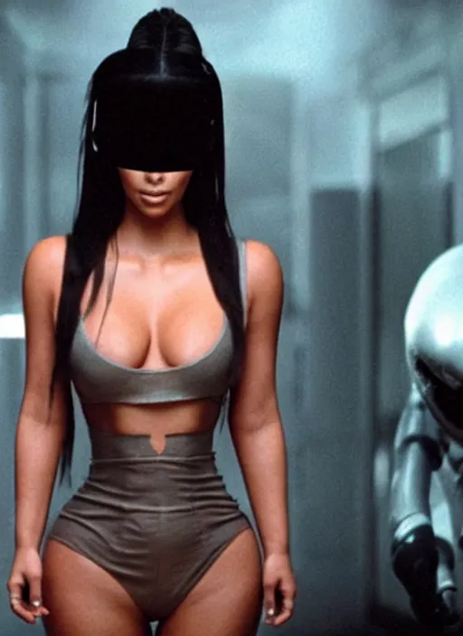 Image similar to movie still of kim kardashian wearing a alien face hugger mask, in the movie alien. cinematic shot.