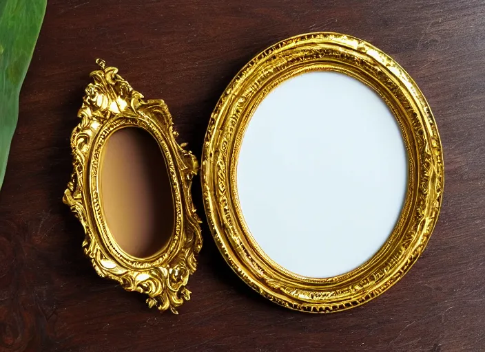 Prompt: beautiful baroque oval portrait picture frame, royal, gilded with gold, magical, fantasy, metallic, product catalog photography, flat photography