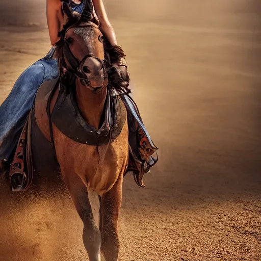 Image similar to ultra - photorealistic, middle eastern woman driving horse and handling weapon, dust, yellow cinematic, 4 k, 8 0 0 mm, uhd, vogue, winning photo of the year, sharp focus, intricate, hyperdetailed