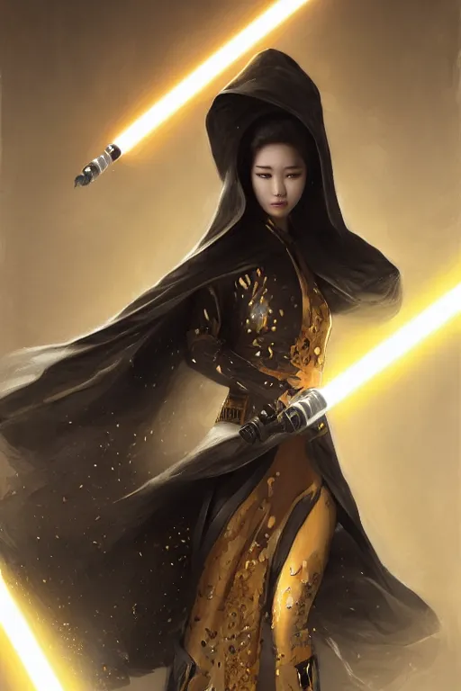 Prompt: Photorealistic illustration of Korean fashion model in Star Wars sith black and gold robes, sci-fi, futuristic, intricate, elegant, highly detailed, digital painting, artstation, concept art, smooth, sharp focus, art by artgerm, greg rutkowski