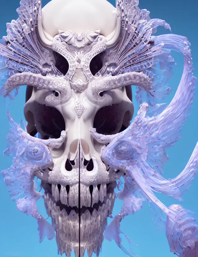 Image similar to 3 d goddess close - up frontal portrait with cow skull. beautiful intricately detailed japanese crow kitsune mask and clasical japanese kimono. betta fish, jellyfish phoenix, bio luminescent, translucent, plasma, ice, water, wind, creature, artwork by tooth wu and wlop and beeple and greg rutkowski. vray. behance. 8 k