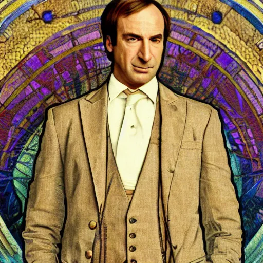 Prompt: saul goodman portrait picture by alfons mucha, golden hour, realistic, body shot, sharp focus, 8 k high definition, insanely detailed, intricate, elegant, cherry blossoms