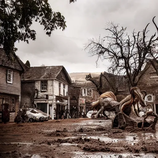 Image similar to horror, cinematic, still from film, daytime, muddy village square, wide shot, mutant goat monster with a mouth crammed full of sharp teeth, filthy matted fur and mountain goat horns, village square