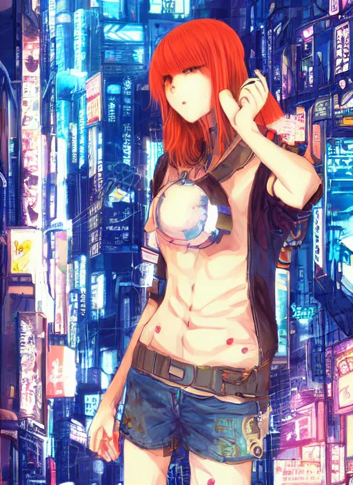 Image similar to manga cover, red-haired teenager with yellow skin and blue facial markings, short hair, intricate cyberpunk city, emotional lighting, character illustration by tatsuki fujimoto