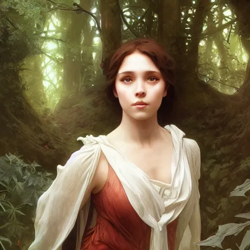 Prompt: painting of a mystic young girl in the forest, intricate, elegant, highly detailed, digital painting, artstation, concept art, smooth, sharp focus, illustration, art by artgerm and greg rutkowski and alphonse mucha and william - adolphe bouguereau