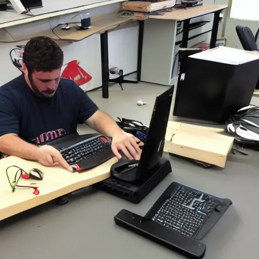 Prompt: a french bull dog working on building his own computer at work