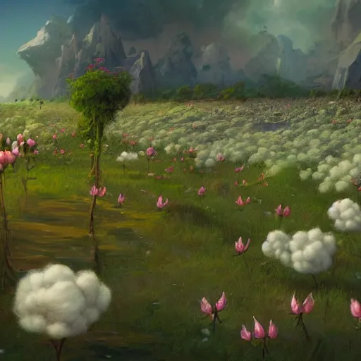 Prompt: a detailed matte painting of a field of cotton candy plants, cgsocidety, fantasy art