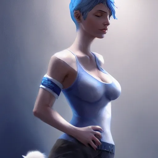Image similar to A beautiful woman with short blue hair holding a grey and white cat, full body by Cedric Peyravernay, highly detailed, excellent composition, dramatic lighting, trending on ArtStation