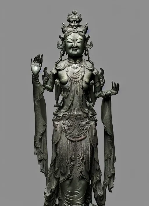 Image similar to a art deco sculpture statue of full body guanyin, intricate complexity,, statue by jane hamilton, ruan jia, character concept, radiant light,, frostbite 3 engine, cryengine, dof, trending on artstation, digital art, fantasy detailed abackground