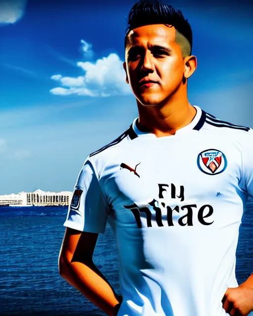 Image similar to portrait Anime Alexis Sanchez; white football shirt, Marseille beach in background || anime, manga cute-fine-face, pretty face, realistic shaded Perfect face, fine details. Anime. realistic shaded lighting by Katsuhiro Otomo and Artgem