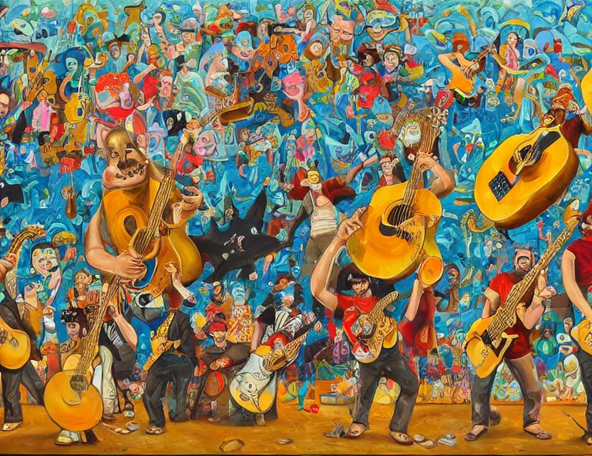 Prompt: a detailed oil painting of a concert by going bananas with guitars while the gold fishes are stoned and smiling in the sky in the style of artist James Jean