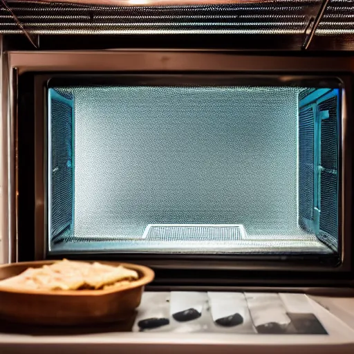 Prompt: Steak being cooking in a microwave, viewed through the closed microwave window, cursed