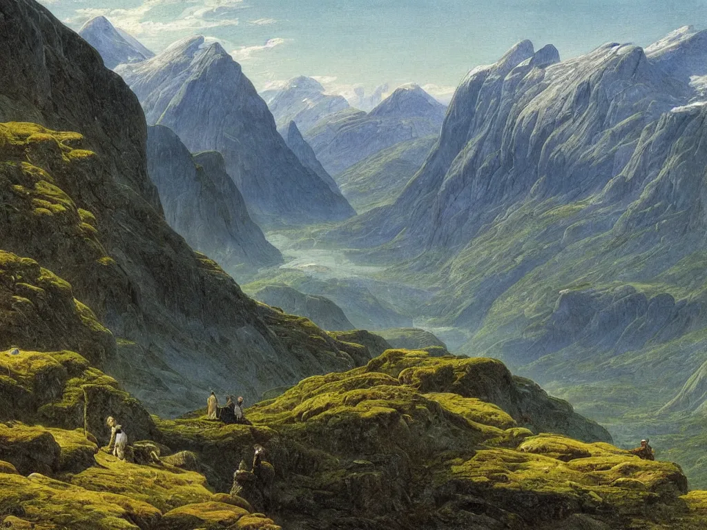 Image similar to a painting of a majestic mountainous landscape of norway in summer by caspar david friedrich, high detail,