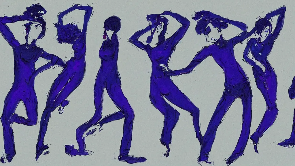 Prompt: a group of 5 people people seen from the front dancing together, dark blue and intense purple color palette, in the style of amano yoshitaka