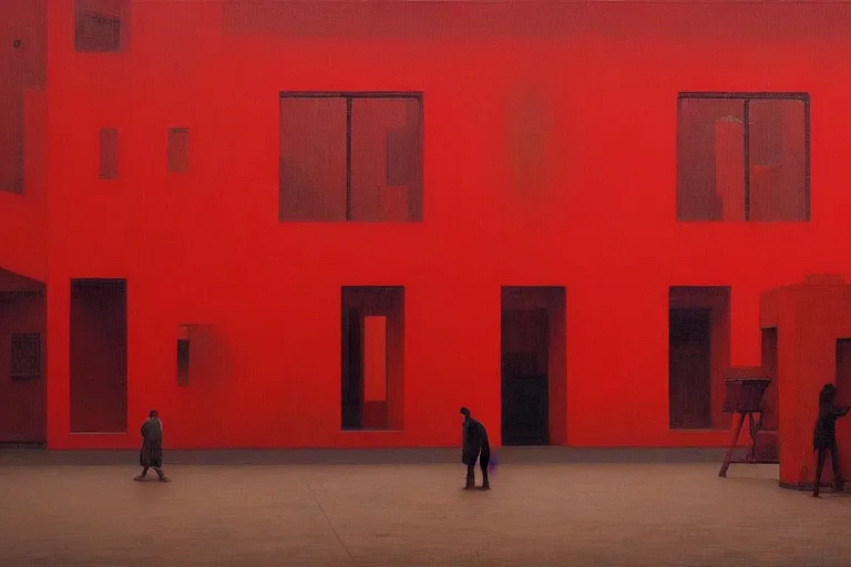 Image similar to only with red, crowd delirious at the sight of a painting, in a city square, in the style of beksinski, parts by edward hopper, parts by rodcenko, parts by yue minjun, intricate and epic composition, red by caravaggio, insanely quality, highly detailed, masterpiece, red light, artstation, 4 k