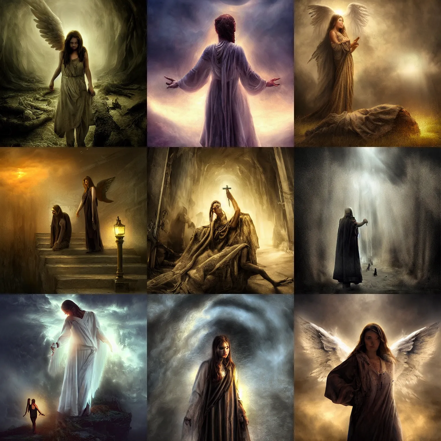 Prompt: life after death, dramatic lighting, with angels, realistic painting, high definition, digital art, matte painting, very detailed, realistic