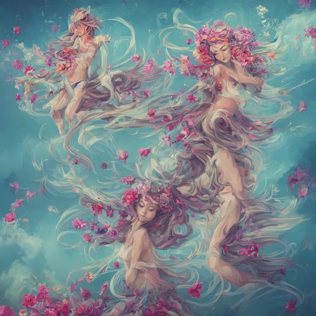 Image similar to a colorful and provenance illustrations painting of the fantasy angel flying with floral wings, highly detailed, her hair made of hair made of air wind and curling smoke and mist, the wings made of flowers, spirit fantasy concept art, art by aenami, alena, afshar, petros and leonid, trending on artstation.