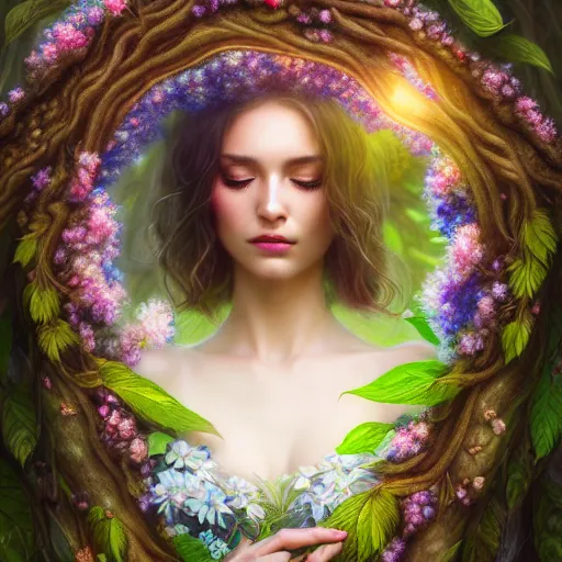 Image similar to a picture of a beautiful woman clothed in flowers and leaves standing in an enchanted forest, high fantasy, elegant, epic, detailed, intricate, digital painting, concept art, realistic detailed face, smooth, focus, rim light, detailed 8 5 mm f / 1. 4, anamorphic lens,