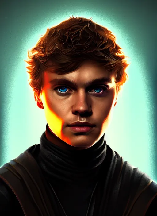 Image similar to a portrait of anakin skywalker with darkside corruption, cyberpunk, grim - lighting, high - contrast, intricate, elegant, highly detailed, digital painting, artstation, concept art, smooth, sharp focus, illustration