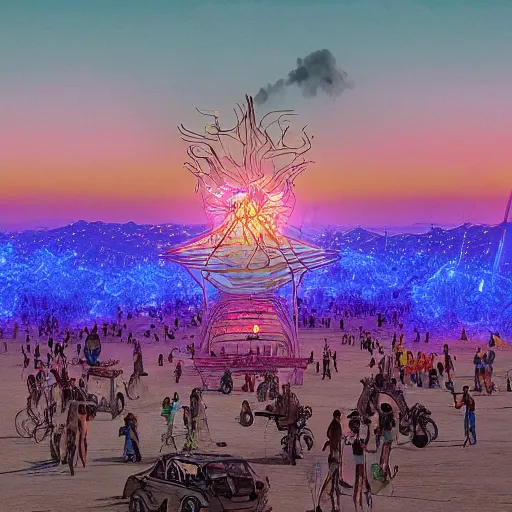 Image similar to highly detailed art of burning man festival full of cornflowers by Beeple