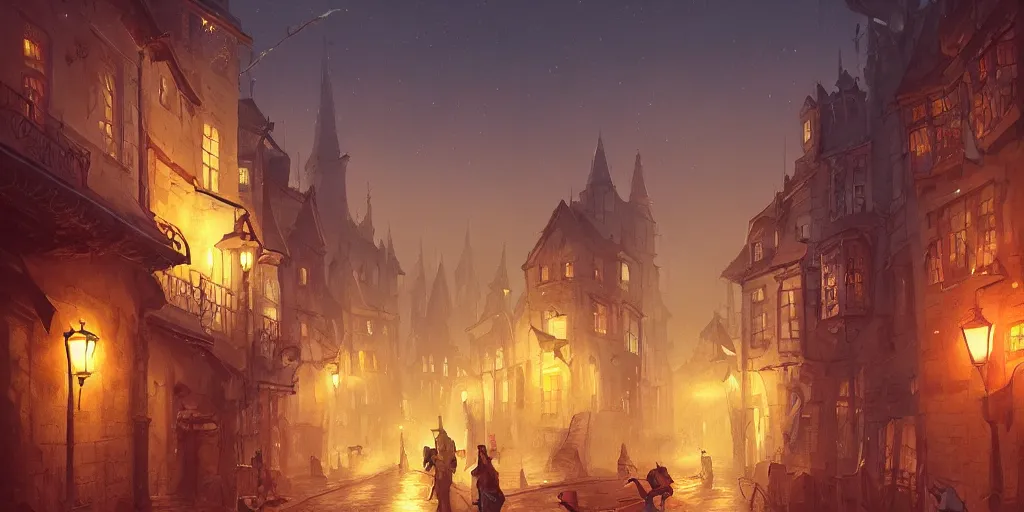 Prompt: illustration of close - up street view of gothic town, night, by peter mohrbacher, by alex andreev, by jacek yerka, large depth of field, super detailed, digital art, trending on artstation, minimalism