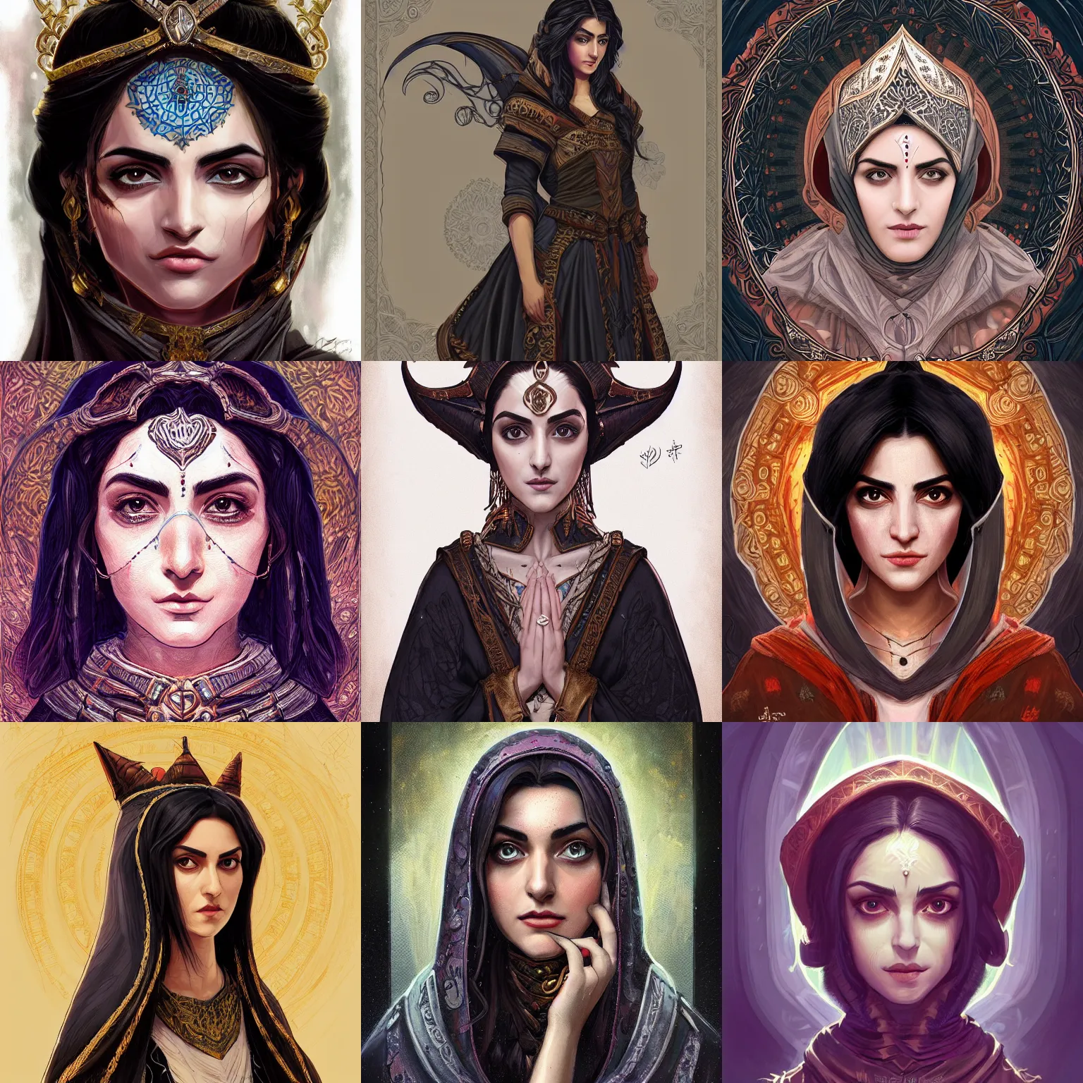 Prompt: head-on symmetrical centered painted portrait, Maya Ali as a D&D wizard, black hair, medieval robes, fantasy, intricate, elegant, highly detailed, digital painting, smooth, sharp focus, illustration, artstation, in the style of James Jean and Wayne and Artgerm and Anna Podedworna