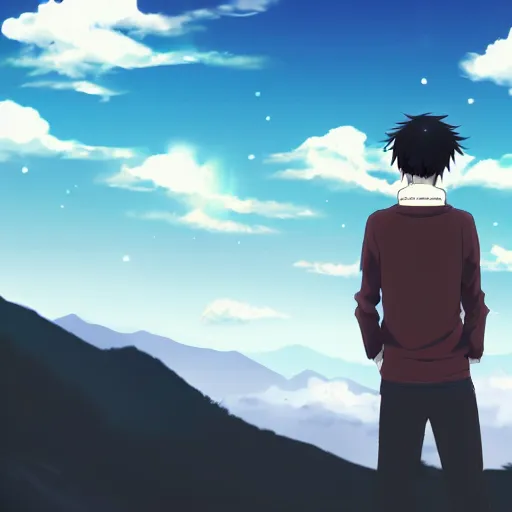 Prompt: young adult, male, medium length black hair, brown eyes, pale skin, standing on a mountain, nightime, anime style