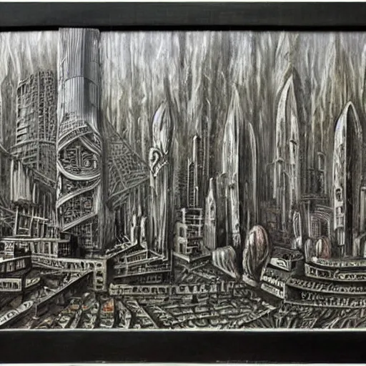 Image similar to city of london painted by hg giger