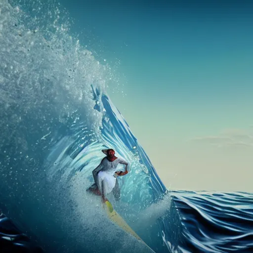 Prompt: photo of a high skilled wave surfing catholic priest with white clothes on the red sea. high detail unreal engine