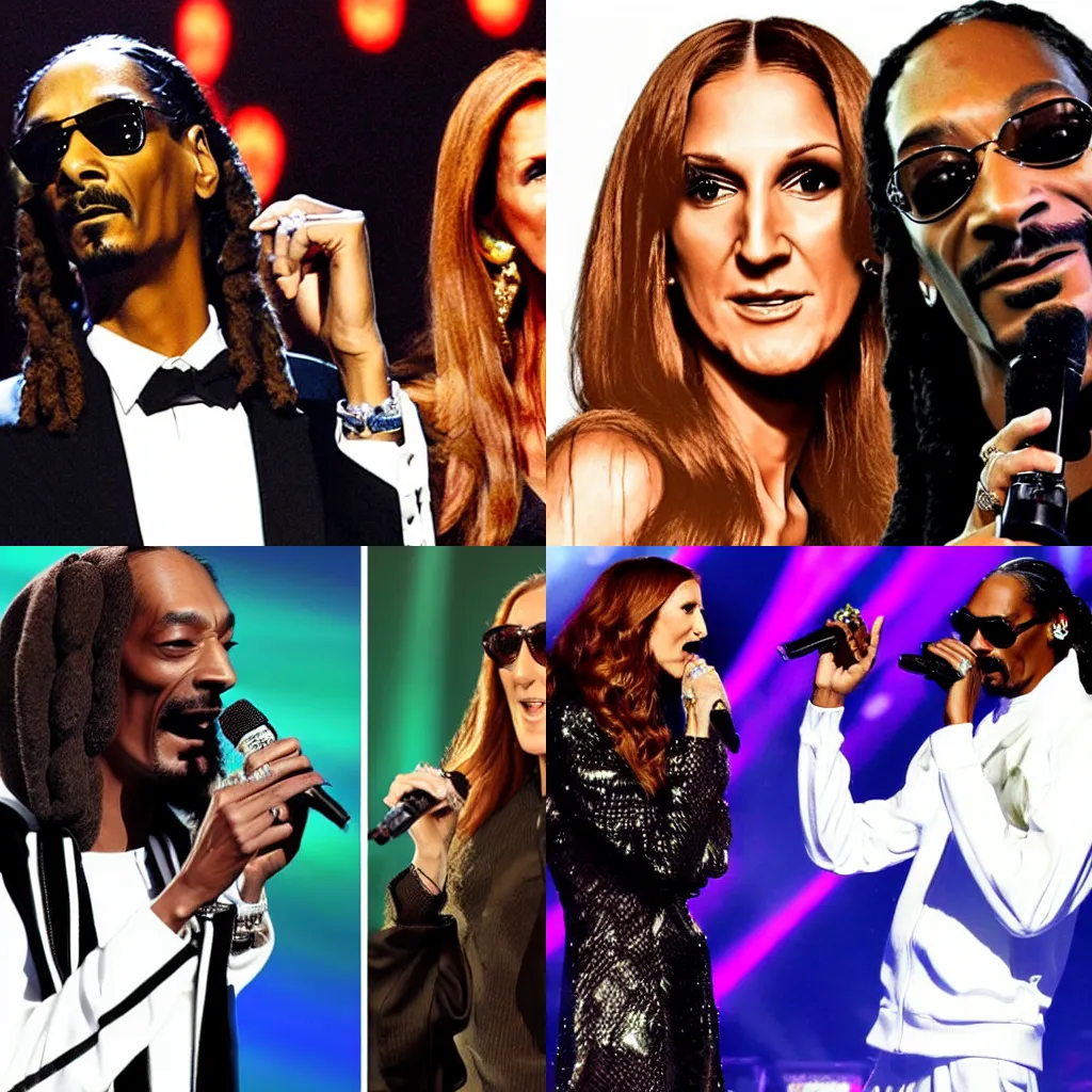 Prompt: Snoop Dogg duetting with Céline Dion, realistic photo