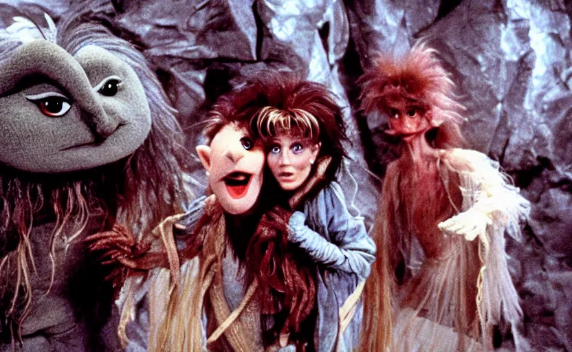 Image similar to movie still from the 1 9 8 8 sequel to labyrinth by jim henson starring david bowie and young jennifer connelly in a maze - like fortress on the moon. whimsical muppets of wondrous alien creatures and humanoid characters. fantasy adventure.