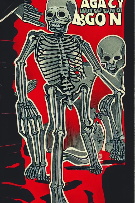 Image similar to 1970 book cover, cyborg skeleton, anaglyph,