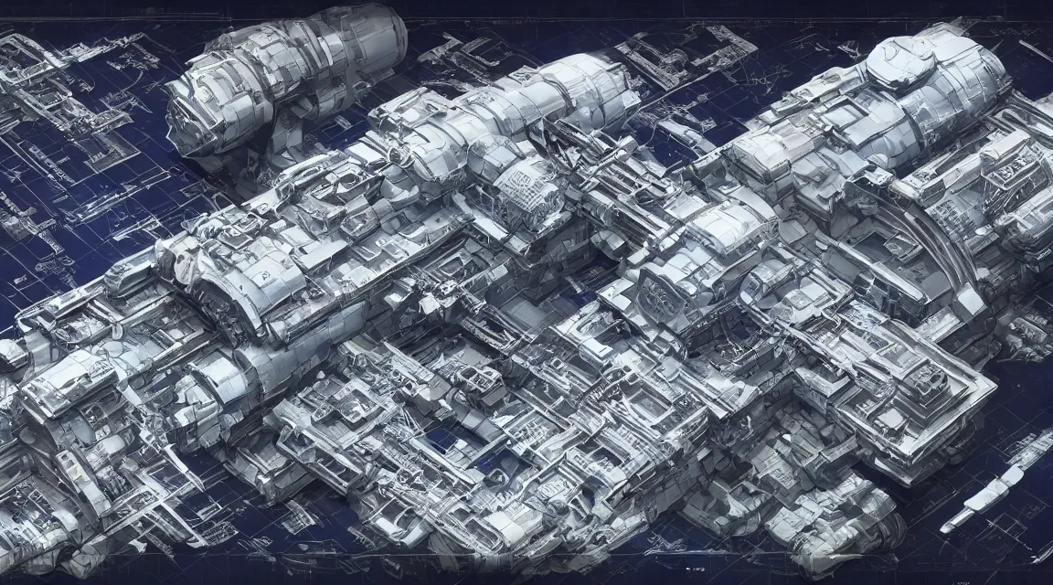 Image similar to the forbidden space-station+detailed blueprint and schematic with text and illustrated zoomed-in snippets+8k optane render 3d unreal engine glorious intricate detailed superb+pristine and clean design+Center Frame, intricate details, ultra-detailed, DIY maker styling printed with futuristic 3d modeling technology, colossal, desaturated, concept art, with highly detailed blueprints and text, marker concept art style rendering