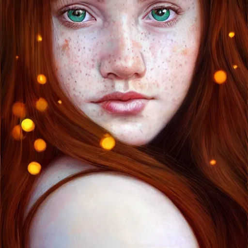 Image similar to a highly detailed, hyper realistic, full body gorgeous portrait of a red haired young woman, surrounded by the like of golden fireflies, long hair, green eyes, hint of freckles, round gentle face, cheeky smile, romantic, deep focus, elegant, digital painting, smooth, sharp, golden ratio, illustration, art by artgerm and caravaggio