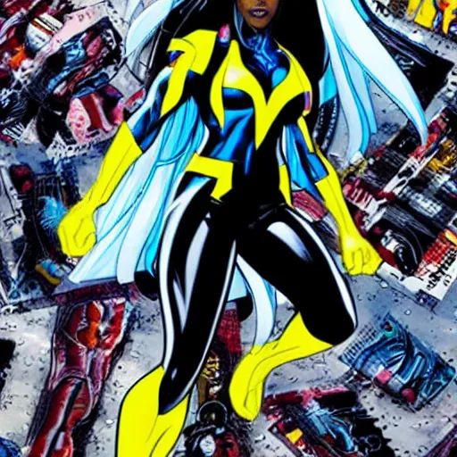 Image similar to aaliyah as storm from the x - men, vector image, comic books style, very detailed, by jim lee, by jae lee, by todd mcfarlane, by rob liefeld