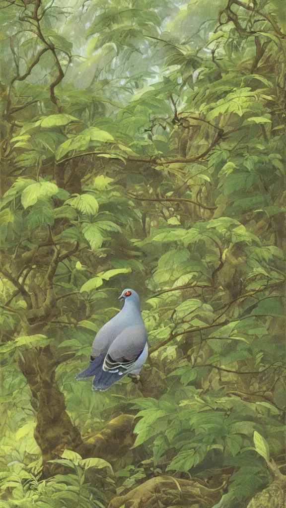 Image similar to a painting of a pigeon in a lush forest, by hiroshi yoshida